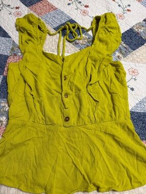 Moa Moa Lime Green Ruffle Button Front Peplum Top